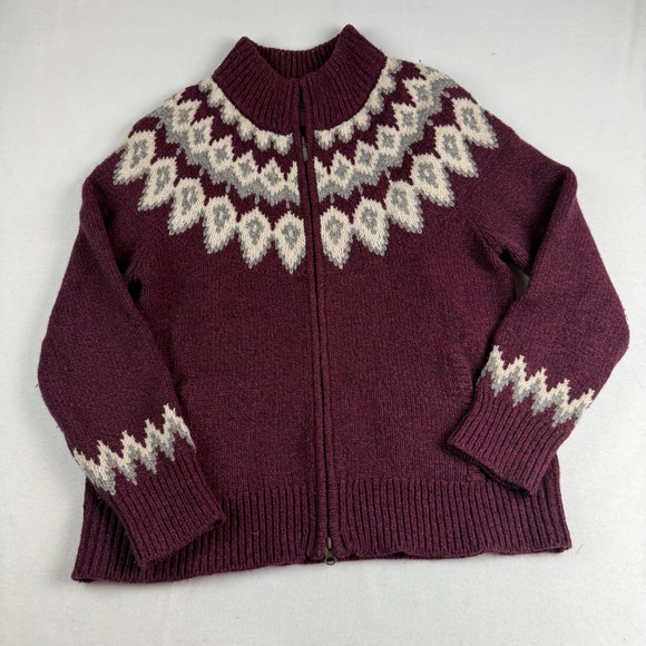 L.L. Bean Sweaters - LL Bean Lambs Wool Knit Cardigan Sweater Zip Fair Isle Burgundy Size XL